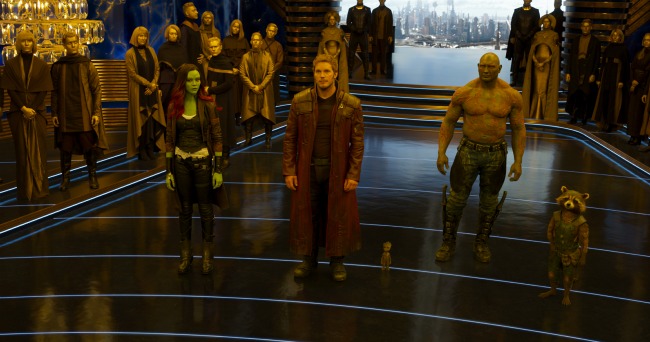 Guardians Of The Galaxy Vol. 2 L to R: Gamora (Zoe Saldana), Star-Lord/Peter Quill (Chris Pratt), Groot (Voiced by Vin Diesel), Drax (Dave Bautista), and Rocket (Voiced by Bradley Cooper) Ph: Film Frame ©Marvel Studios 2017